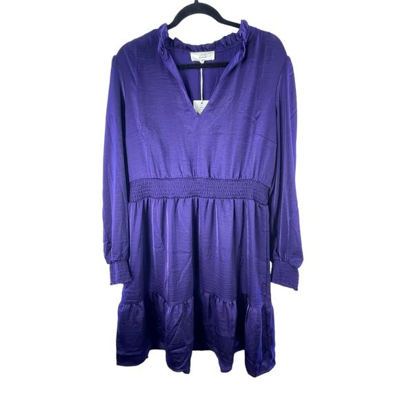 Lucky Brand Dresses & Skirts - Lucky Brand Purple Satin Ruffle V Neck Knee Length Dress NEW